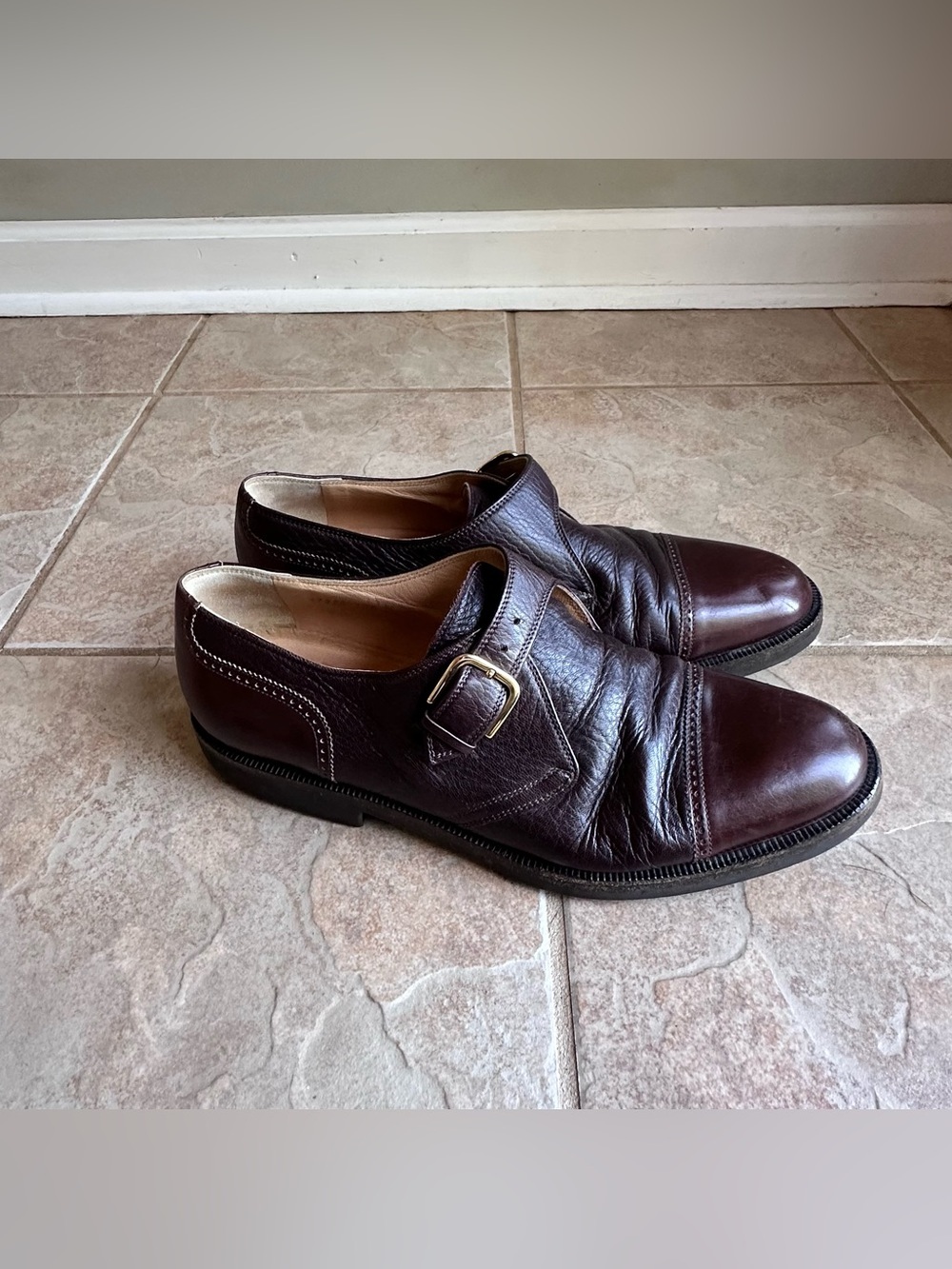 Bruno Magli Cali Monk Strap Shoes Brown Leather Cap Toe Vibram Gumlite sole